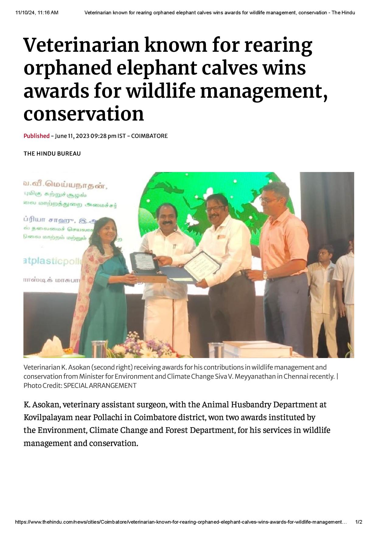 Veterinarian known for rearing orphaned elephant calves wins awards for wildlife management, conservation The Hindu page 001