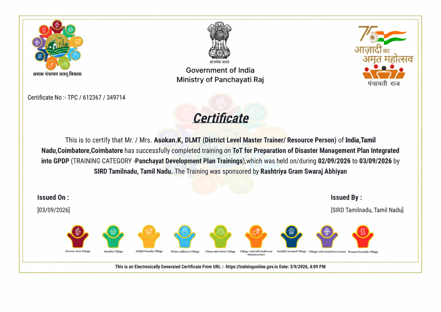 Dr Asokan, Certificate Disaster Manggement
